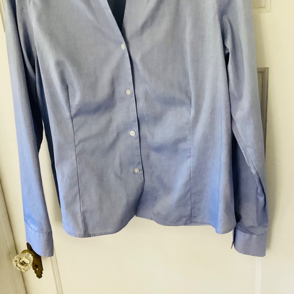 Anne Klein Non-Iron Fitted Button Up Womens L Blue V-neck Collared Blouse Office - Picture 4 of 13